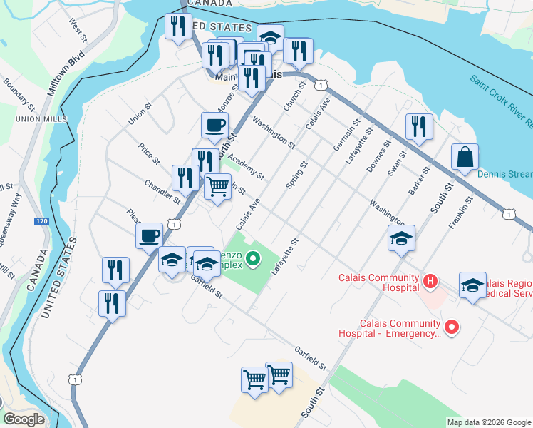 map of restaurants, bars, coffee shops, grocery stores, and more near 22 Lincoln Street in Calais