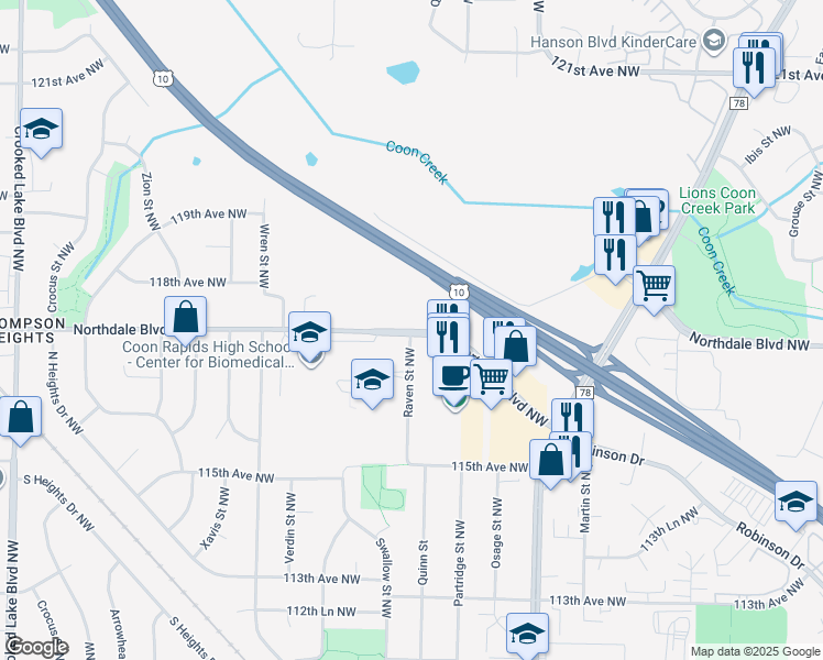 map of restaurants, bars, coffee shops, grocery stores, and more near 2171 Northdale Boulevard Northwest in Coon Rapids