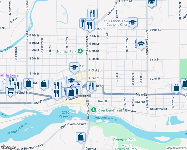 map of restaurants, bars, coffee shops, grocery stores, and more near 202 North Park Street in Merrill