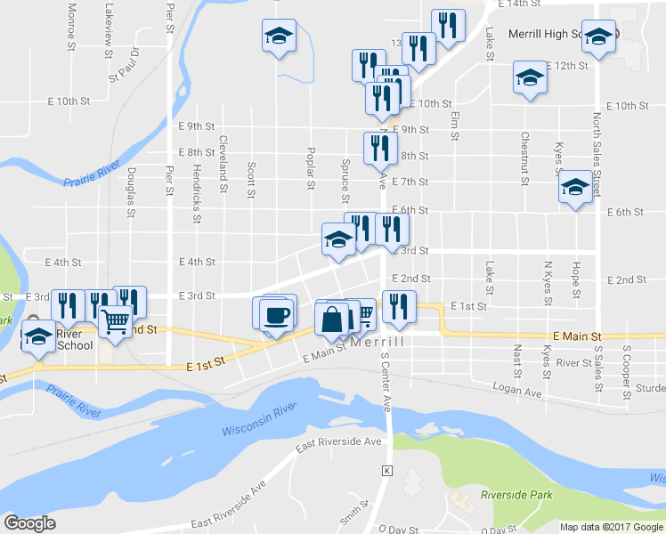 map of restaurants, bars, coffee shops, grocery stores, and more near 1101 East 3rd Street in Merrill