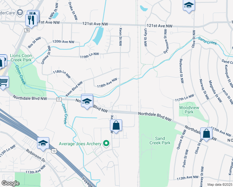 map of restaurants, bars, coffee shops, grocery stores, and more near 11790 Xeon Street Northwest in Minneapolis