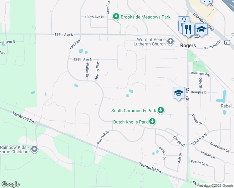 map of restaurants, bars, coffee shops, grocery stores, and more near 22330 Jed Drive in Rogers