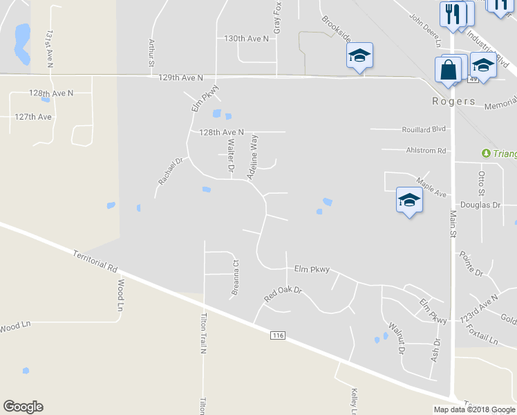 map of restaurants, bars, coffee shops, grocery stores, and more near 12571 Elm Parkway in Rogers