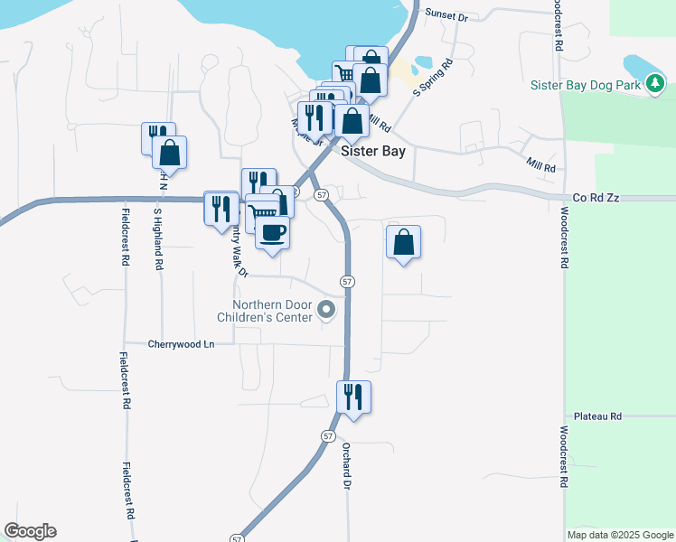 map of restaurants, bars, coffee shops, grocery stores, and more near 10549 Sth 57 in Sister Bay