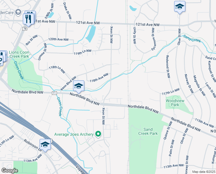 map of restaurants, bars, coffee shops, grocery stores, and more near 11790 Xeon Street Northwest in Minneapolis