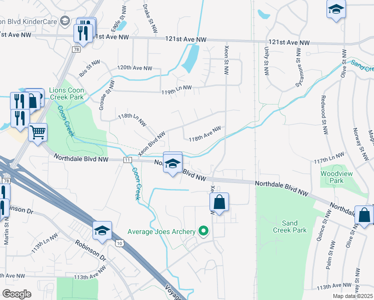 map of restaurants, bars, coffee shops, grocery stores, and more near 1323 117th Avenue Northwest in Minneapolis