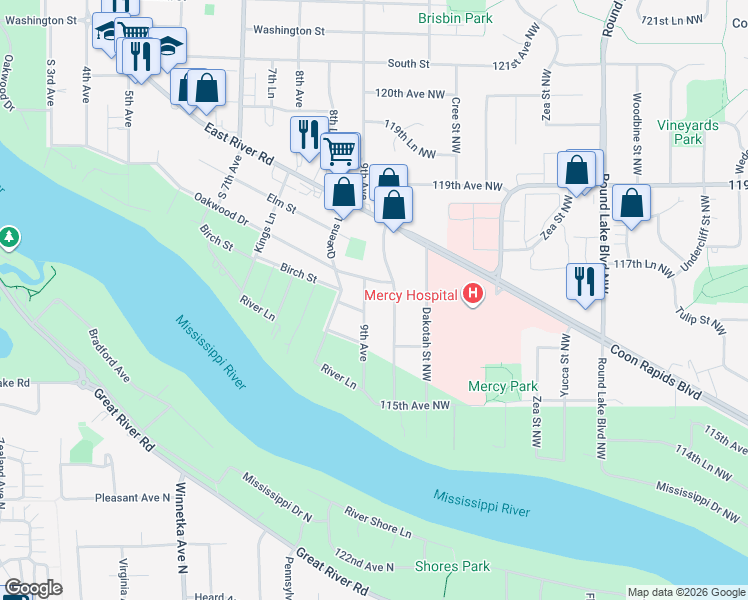 map of restaurants, bars, coffee shops, grocery stores, and more near 11715 9th Avenue in Coon Rapids