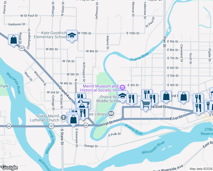 map of restaurants, bars, coffee shops, grocery stores, and more near 210 West 3rd Street in Merrill