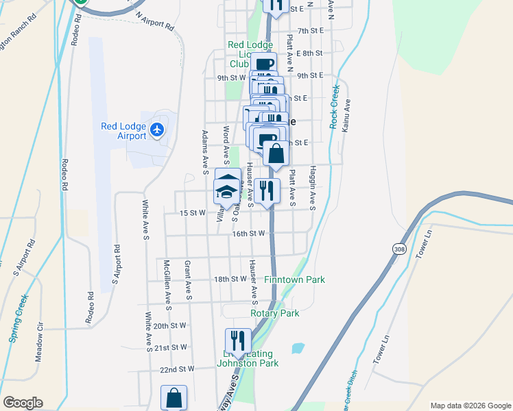 map of restaurants, bars, coffee shops, grocery stores, and more near 2-98 15th Street West in Red Lodge