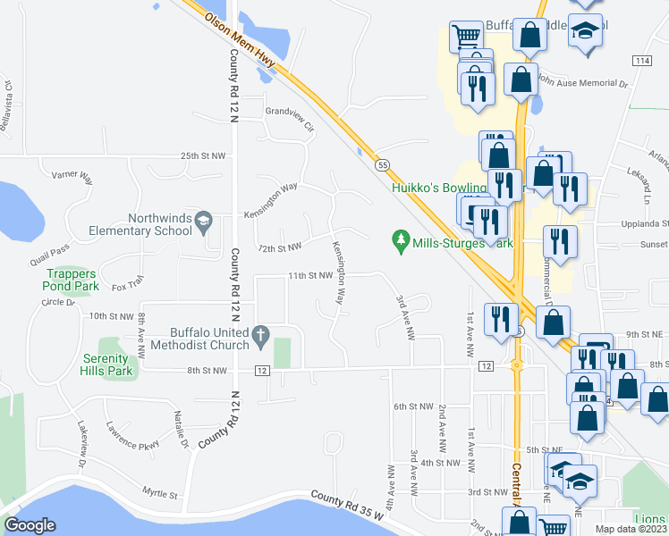 map of restaurants, bars, coffee shops, grocery stores, and more near 1101 Kensington Way in Buffalo