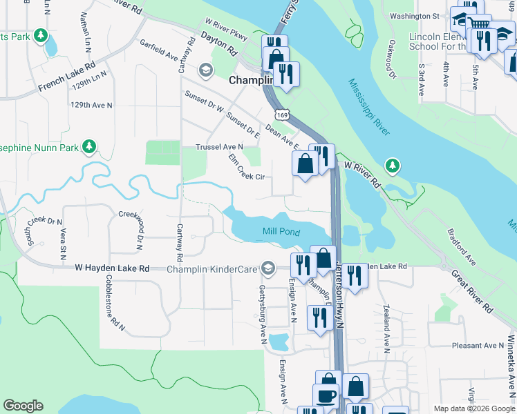 map of restaurants, bars, coffee shops, grocery stores, and more near 100 Lowell Road in Champlin
