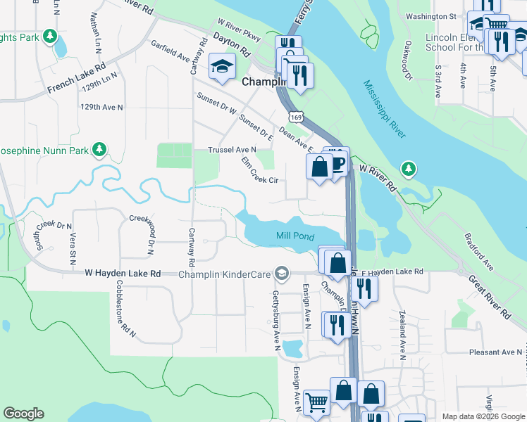 map of restaurants, bars, coffee shops, grocery stores, and more near 100 Lowell Road in Champlin
