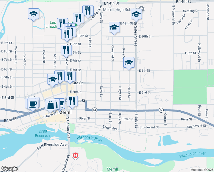 map of restaurants, bars, coffee shops, grocery stores, and more near 1604 East 2nd Street in Merrill