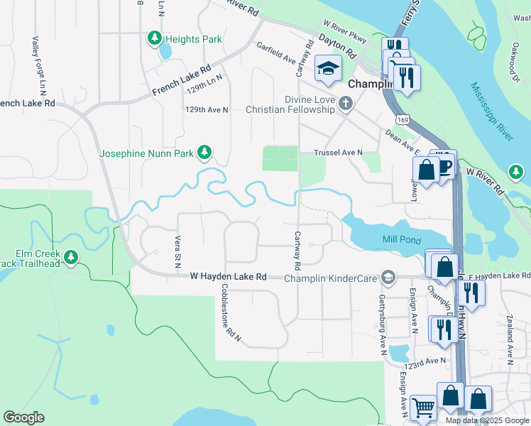 map of restaurants, bars, coffee shops, grocery stores, and more near 404 Creekwood Circle North in Champlin