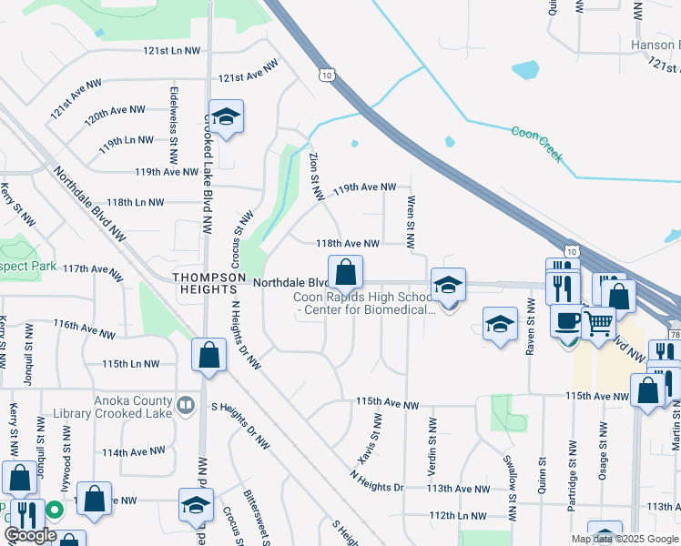 map of restaurants, bars, coffee shops, grocery stores, and more near 2520 Northdale Boulevard Northwest in Coon Rapids
