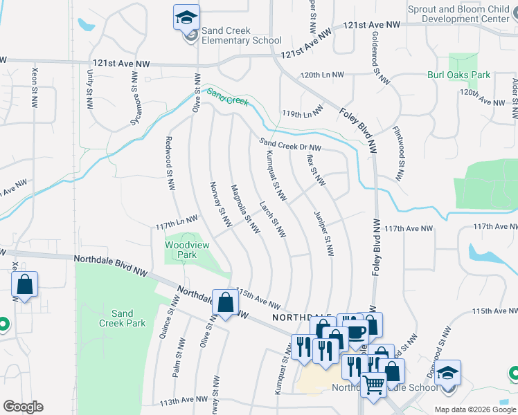 map of restaurants, bars, coffee shops, grocery stores, and more near 11749 Magnolia Street Northwest in Minneapolis