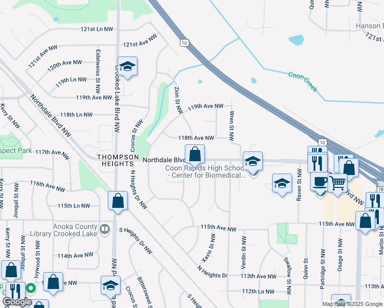 map of restaurants, bars, coffee shops, grocery stores, and more near 2520 Northdale Boulevard Northwest in Coon Rapids
