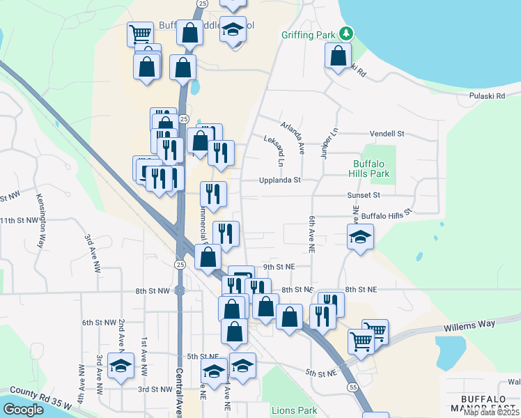 map of restaurants, bars, coffee shops, grocery stores, and more near 1004 3rd Avenue Northeast in Buffalo