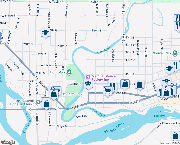 map of restaurants, bars, coffee shops, grocery stores, and more near 101 East 4th Street in Merrill
