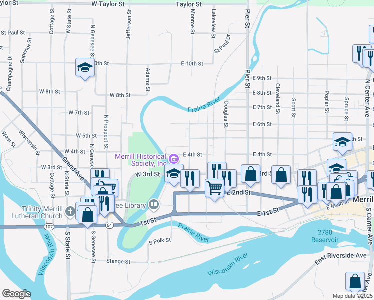 map of restaurants, bars, coffee shops, grocery stores, and more near 112 East 4th Street in Merrill