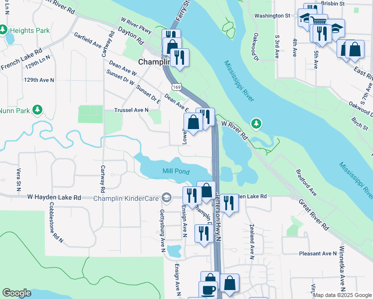 map of restaurants, bars, coffee shops, grocery stores, and more near 248 Lowell Road in Champlin