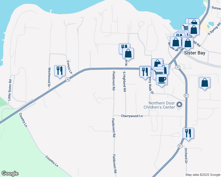 map of restaurants, bars, coffee shops, grocery stores, and more near 2523 Glen Lane in Sister Bay