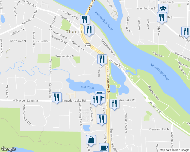 map of restaurants, bars, coffee shops, grocery stores, and more near 248 Lowell Road in Champlin