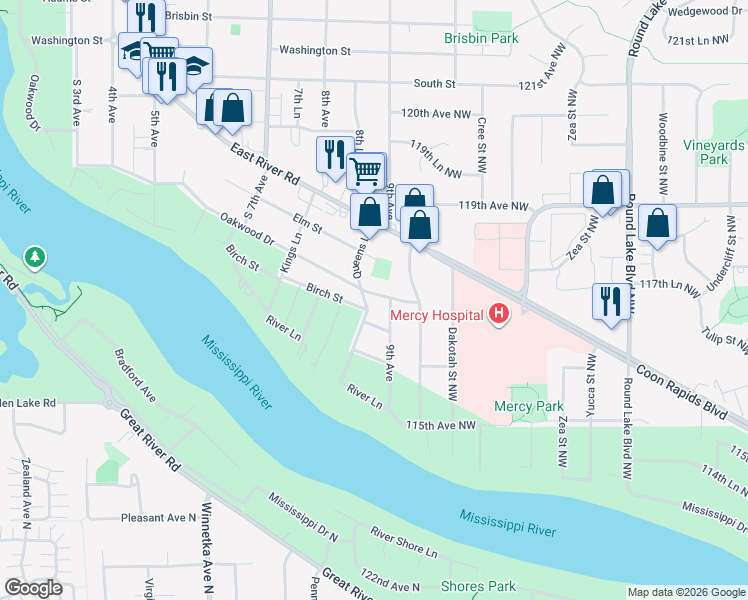 map of restaurants, bars, coffee shops, grocery stores, and more near 856 Oakwood Drive in Anoka