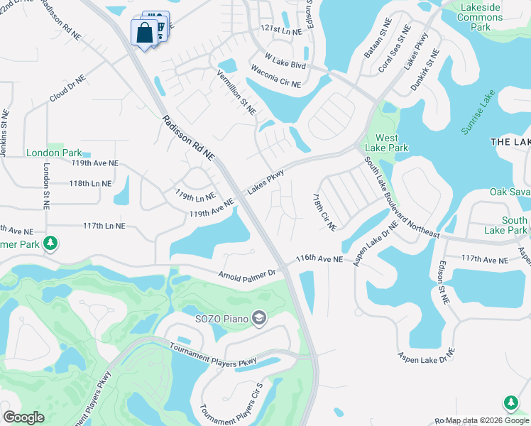 map of restaurants, bars, coffee shops, grocery stores, and more near 11760 Vermillion Street Northeast in Blaine