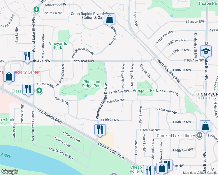 map of restaurants, bars, coffee shops, grocery stores, and more near 11766 Orchid Circle Northwest in Coon Rapids