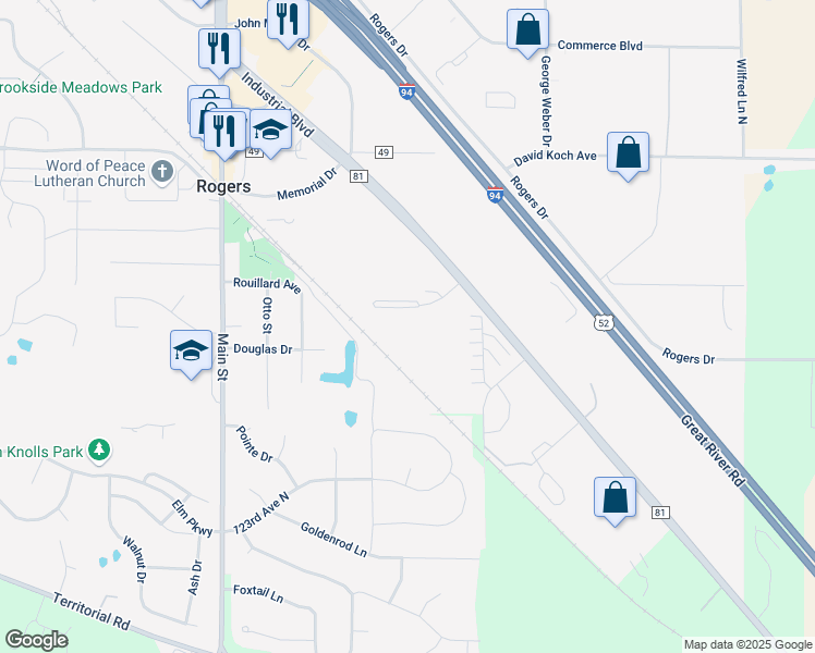 map of restaurants, bars, coffee shops, grocery stores, and more near 20805 County Road 81 in Rogers
