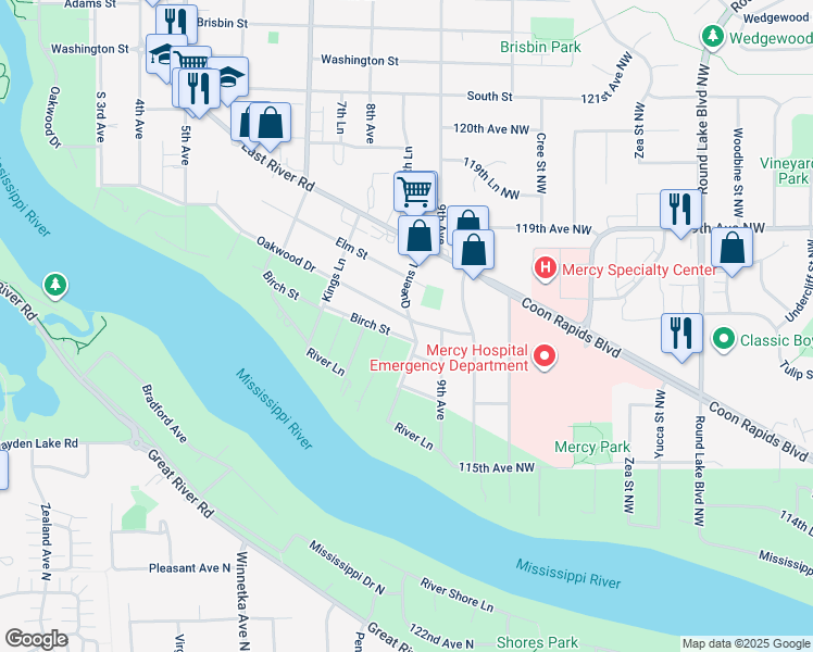 map of restaurants, bars, coffee shops, grocery stores, and more near 1021 Queens Lane in Anoka