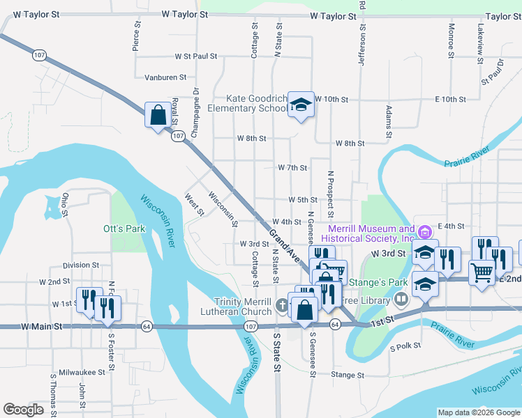 map of restaurants, bars, coffee shops, grocery stores, and more near 507 Cottage Street in Merrill