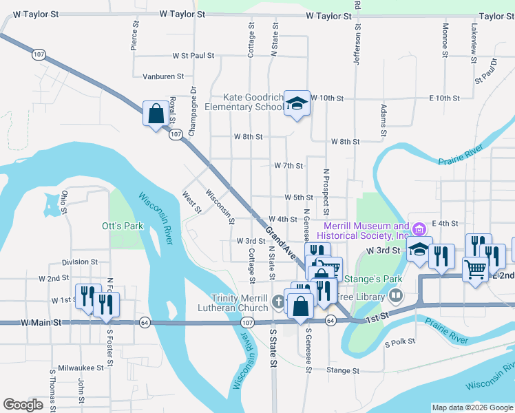map of restaurants, bars, coffee shops, grocery stores, and more near 507 Cottage Street in Merrill
