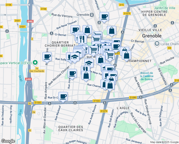 map of restaurants, bars, coffee shops, grocery stores, and more near 25 Rue de New-York in Grenoble