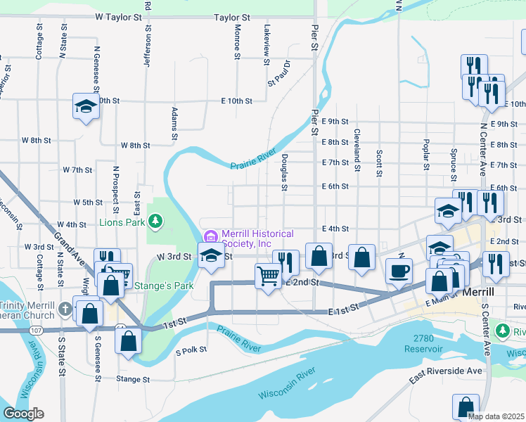 map of restaurants, bars, coffee shops, grocery stores, and more near 212 East 5th Street in Merrill