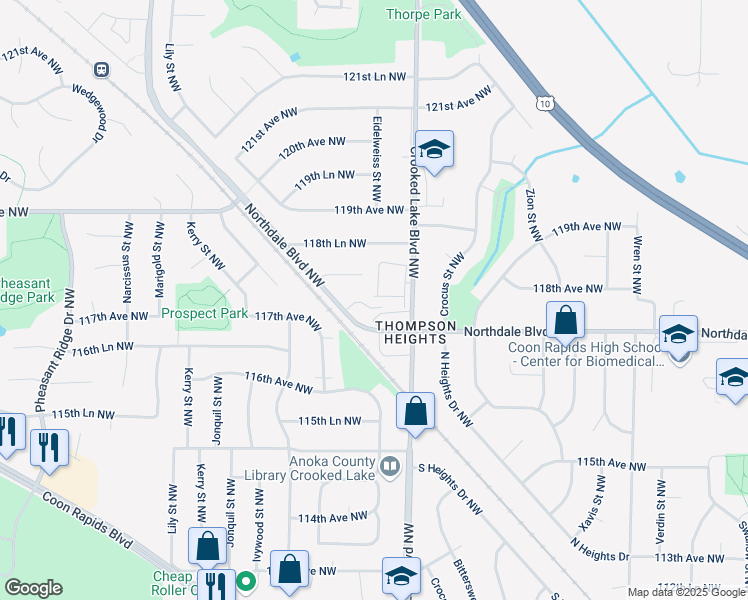 map of restaurants, bars, coffee shops, grocery stores, and more near 11774 Crooked Lake Boulevard Northwest in Coon Rapids