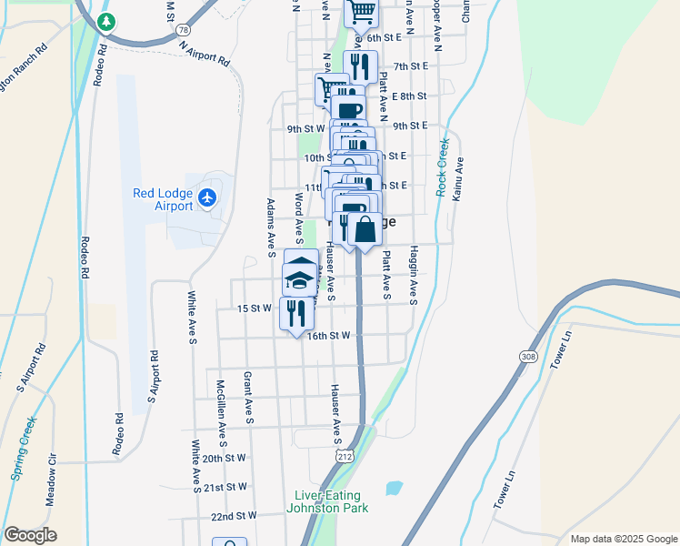 map of restaurants, bars, coffee shops, grocery stores, and more near in Red Lodge