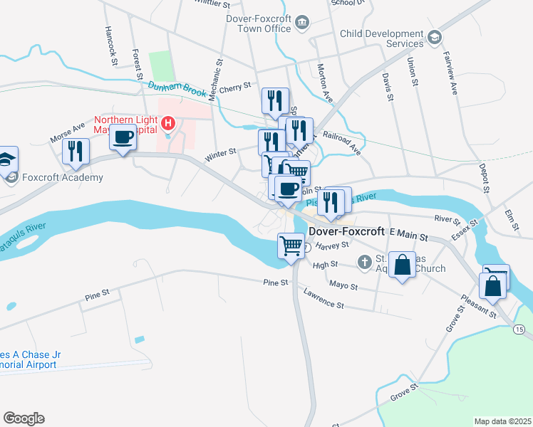 map of restaurants, bars, coffee shops, grocery stores, and more near 832 West Main Street in Dover-Foxcroft