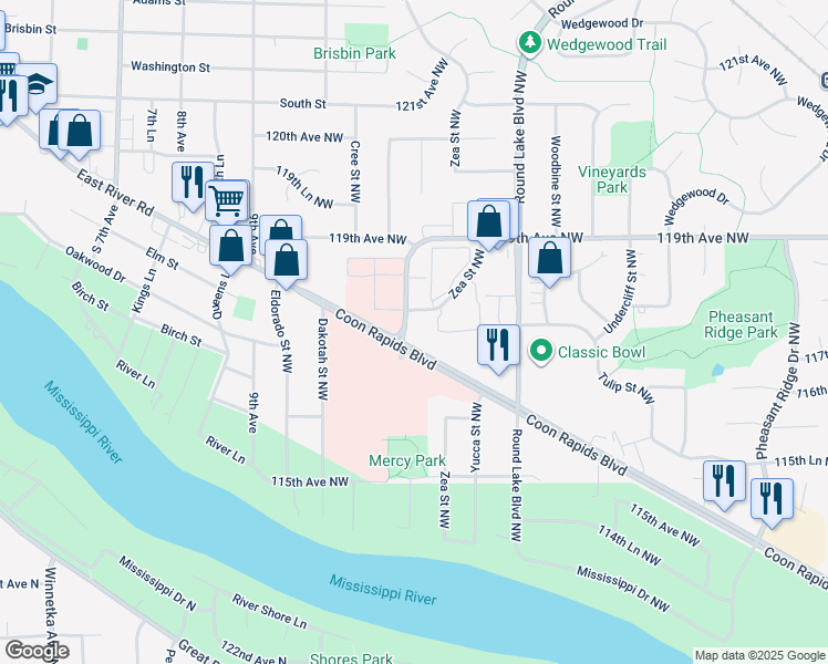 map of restaurants, bars, coffee shops, grocery stores, and more near 11800 Zea Street Northwest in Coon Rapids