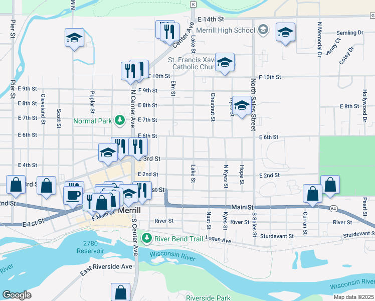 map of restaurants, bars, coffee shops, grocery stores, and more near 306 North Van Rensselaer Street in Merrill