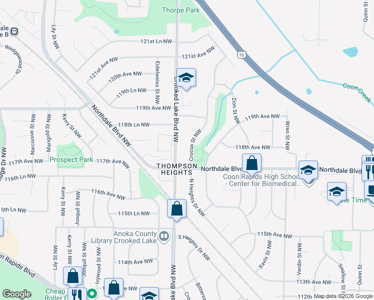 map of restaurants, bars, coffee shops, grocery stores, and more near 11749 Crooked Lake Boulevard Northwest in Coon Rapids
