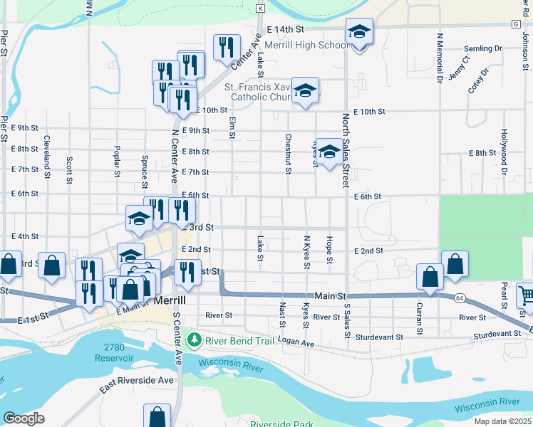 map of restaurants, bars, coffee shops, grocery stores, and more near 309 Lake Street in Merrill
