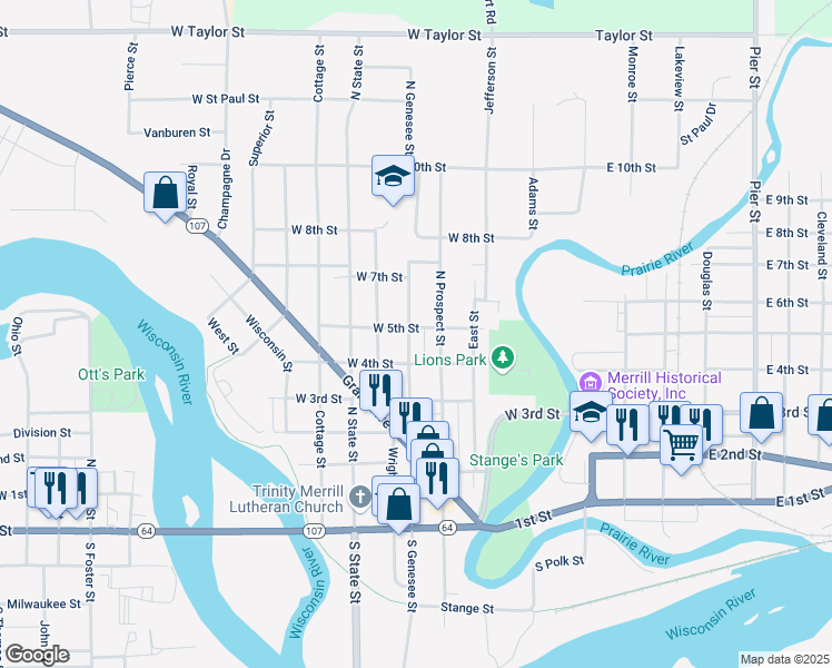 map of restaurants, bars, coffee shops, grocery stores, and more near 600 North Prospect Street in Merrill