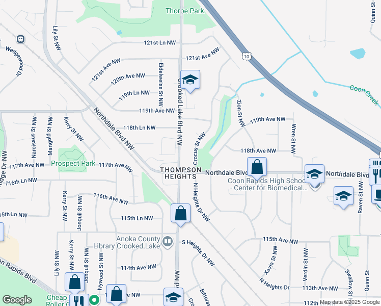 map of restaurants, bars, coffee shops, grocery stores, and more near 11749 Crooked Lake Boulevard Northwest in Coon Rapids