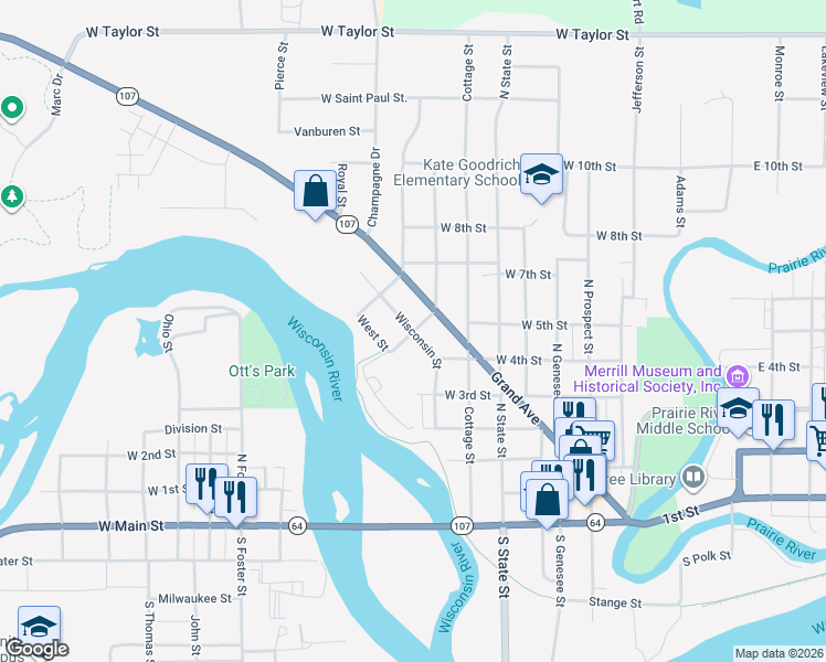 map of restaurants, bars, coffee shops, grocery stores, and more near 601 Wisconsin Street in Merrill