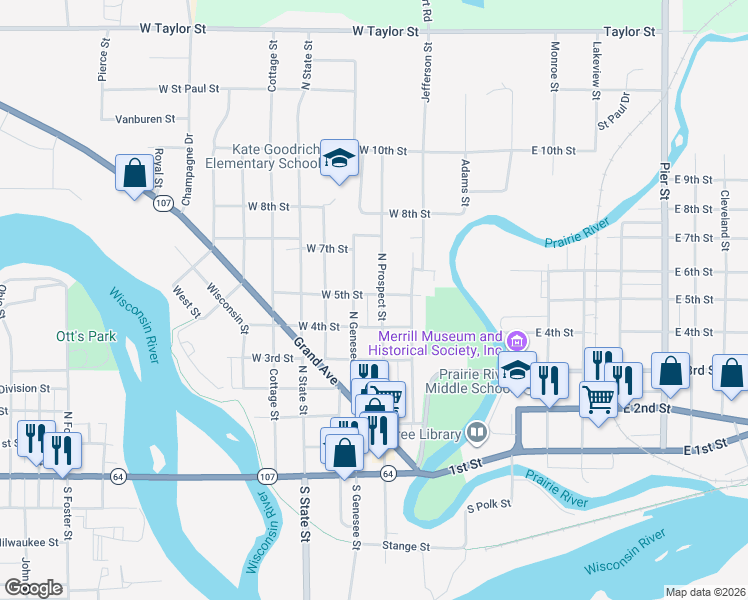 map of restaurants, bars, coffee shops, grocery stores, and more near 600 North Prospect Street in Merrill