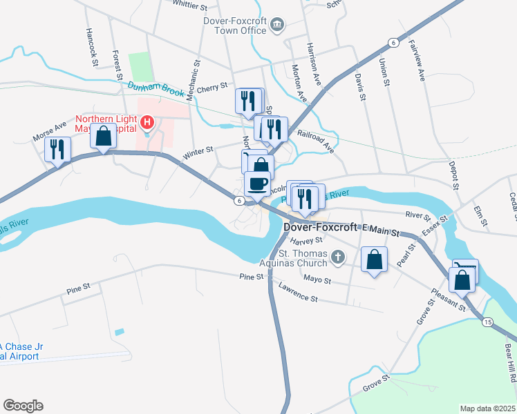 map of restaurants, bars, coffee shops, grocery stores, and more near 1 East Main Street in Dover-Foxcroft