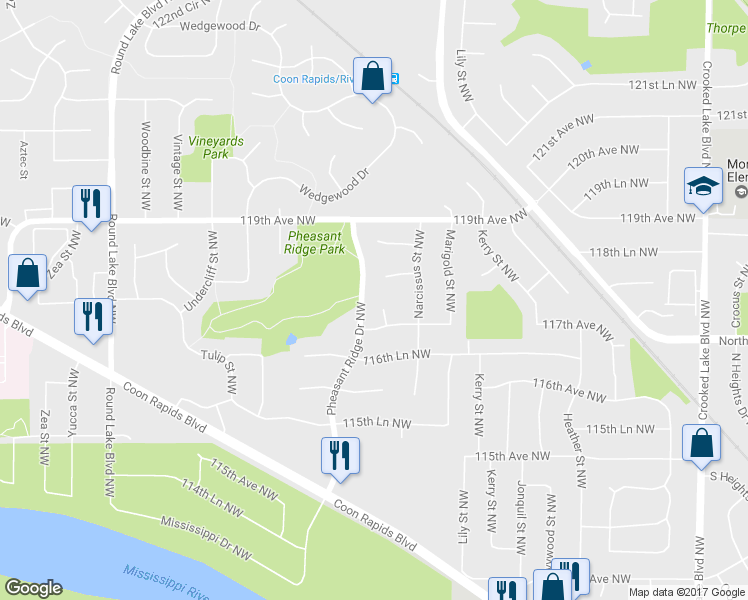 map of restaurants, bars, coffee shops, grocery stores, and more near 11766 Orchid Circle Northwest in Coon Rapids
