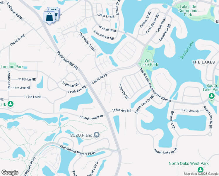 map of restaurants, bars, coffee shops, grocery stores, and more near 11775 Vermillion Street Northeast in Blaine